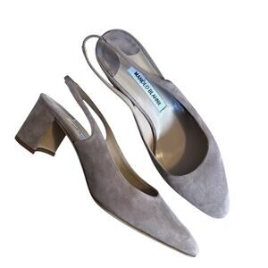 Manolo Blahnik Allurasa Beige Suede Slingback Block Heel Toe Pump EU 38 NIB